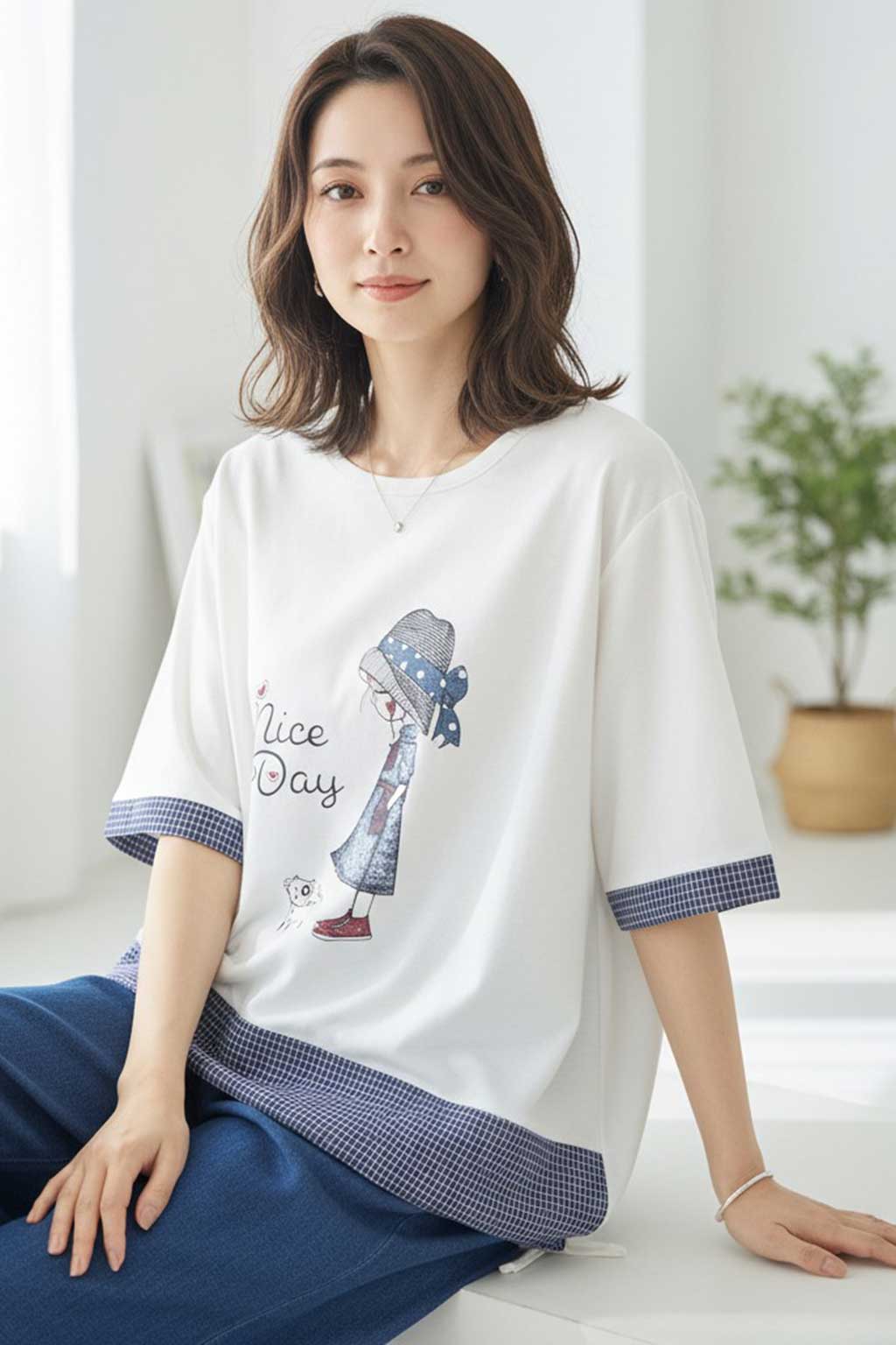 帽子少女イラスト ギンガムチェック 切替 トップス 裾ドロスト 半袖 ゆったり 体型カバー L-LL