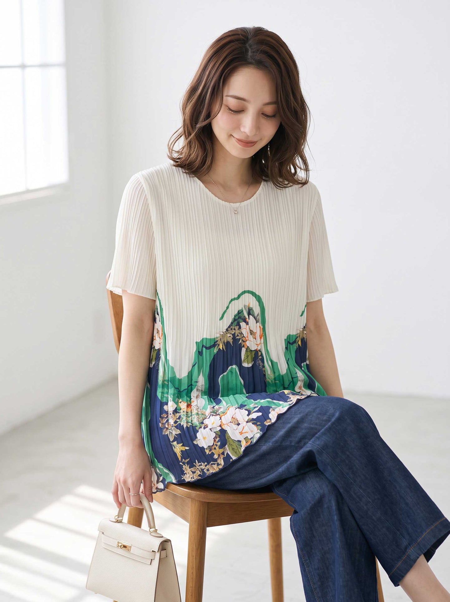 裾プリント プリーツ 半袖 ブラウス チュニック Aライン 体型カバー ゆったり レディース M-L