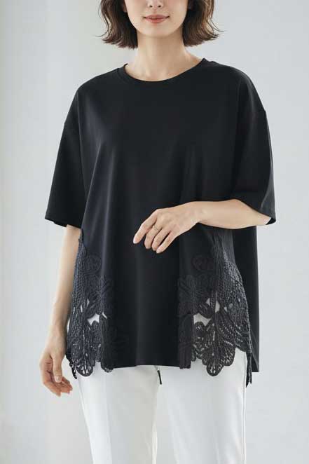 サイドレース 異素材 切替 トップス 半袖 Tシャツ ゆったり 体型カバー L-LL