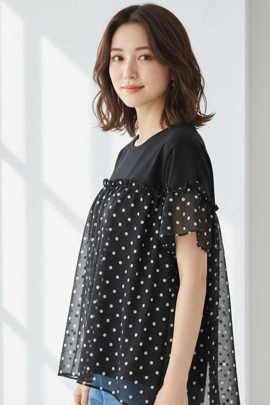 ドット柄 シアー 切替 プルオーバー 半袖 フリル ゆったり 体型カバー M-L
