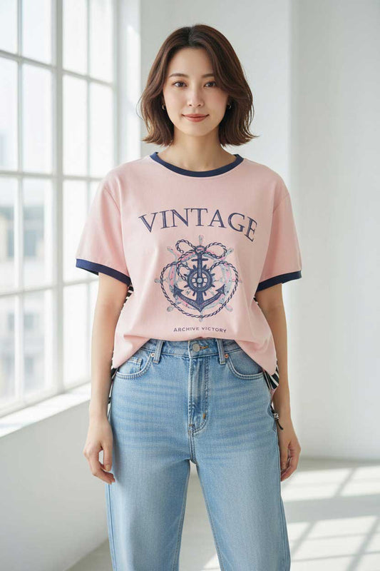 アンカー柄 プリント 配色 サイドボーダー Tシャツ 裾ドロスト 体型カバー ゆったり M-L