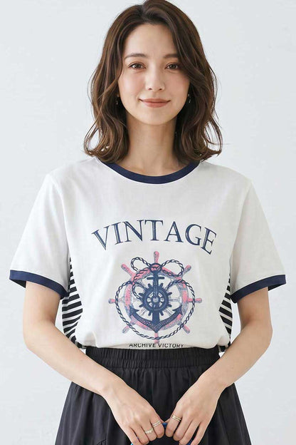 アンカー柄 プリント 配色 サイドボーダー Tシャツ 裾ドロスト 体型カバー ゆったり M-L