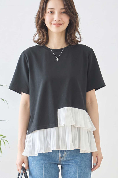 異素材切り替え 裾ティアード プリーツ フリル Tシャツ 半袖 体型カバー M-L