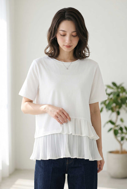 異素材切り替え 裾ティアード プリーツ フリル Tシャツ 半袖 体型カバー M-L