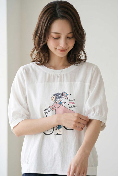 自転車ガール イラスト シアー切り替え パフスリーブ Tシャツ 半袖 ゆったり M-L