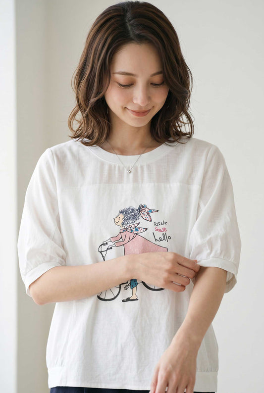 自転車ガール イラスト シアー切り替え パフスリーブ Tシャツ 半袖 ゆったり M-L