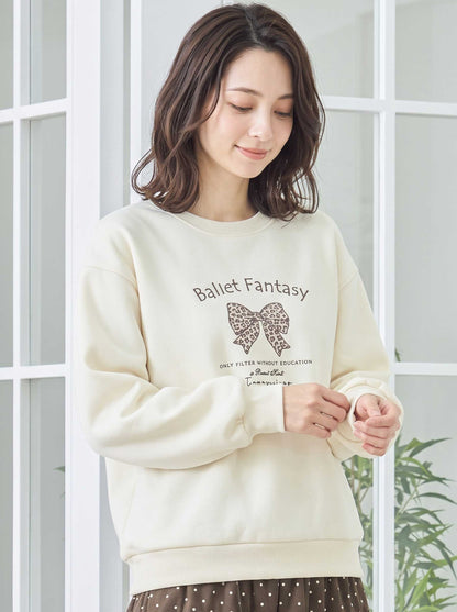 スウェット トレーナー レオパード柄 リボン ロゴ バレエコア ゆったり 体型カバー 秋 冬 M-L
