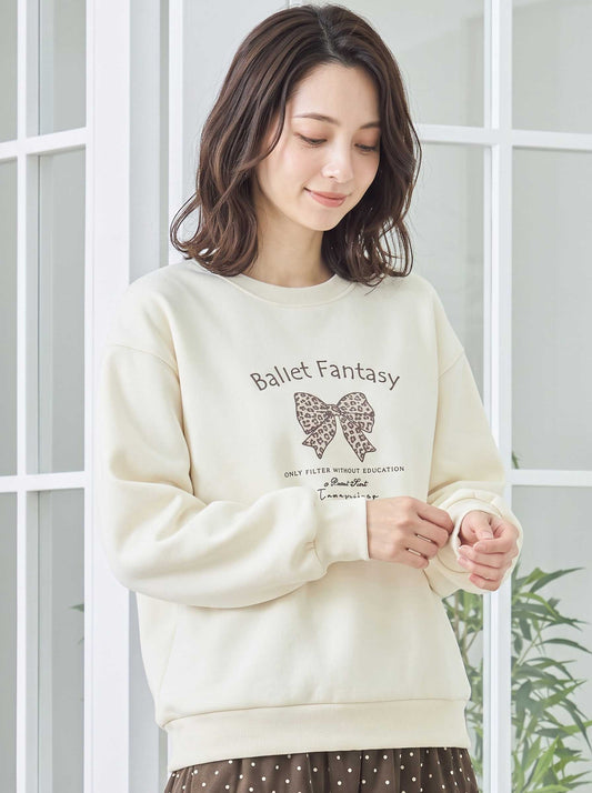 スウェット トレーナー レオパード柄 リボン ロゴ バレエコア ゆったり 体型カバー 秋 冬 M-L
