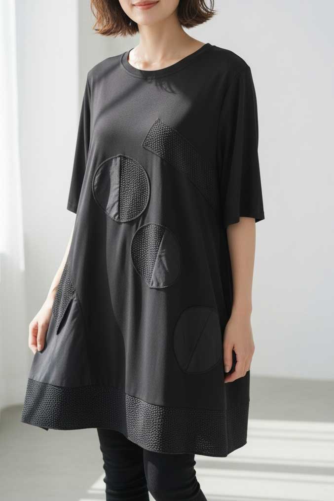 異素材 切替 ドット アート チュニック 半袖 ゆったり 体型カバー L-LL