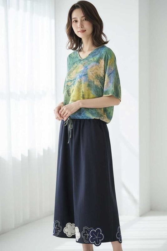 タイダイ風 グリーン フローラル ブラウス 綿100% Vネック ゆったり L-LL