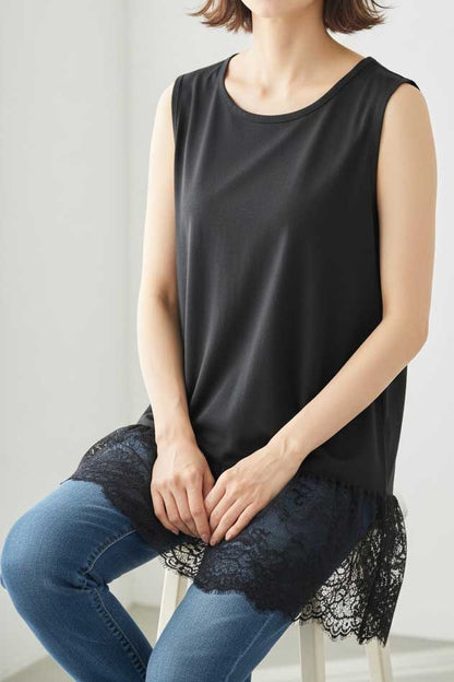 裾 ラッセルレース タンクトップ ノースリーブ レイヤード 体型カバー L-LL