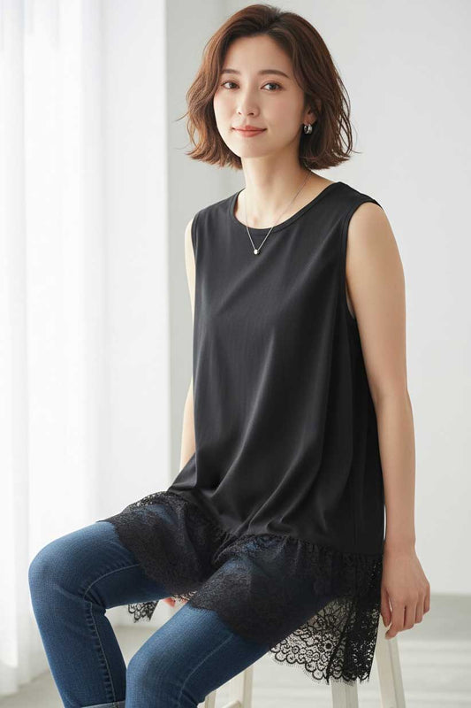 裾 ラッセルレース タンクトップ ノースリーブ レイヤード 体型カバー L-LL