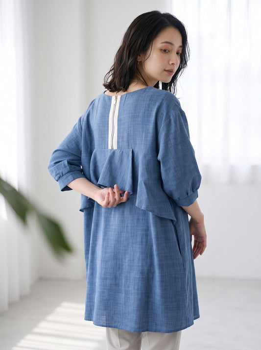 バックフリル 5分袖 Aライン トップス 体型カバー ゆったり 二の腕隠し 夏 M-L