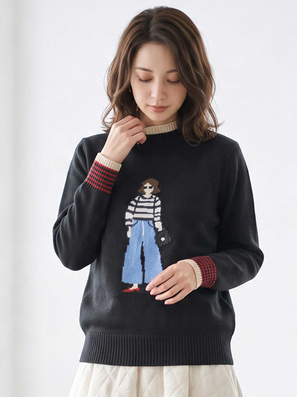 トップス ニット プルオーバー ハイネック ガールモチーフ 柄物 秋 冬 M L