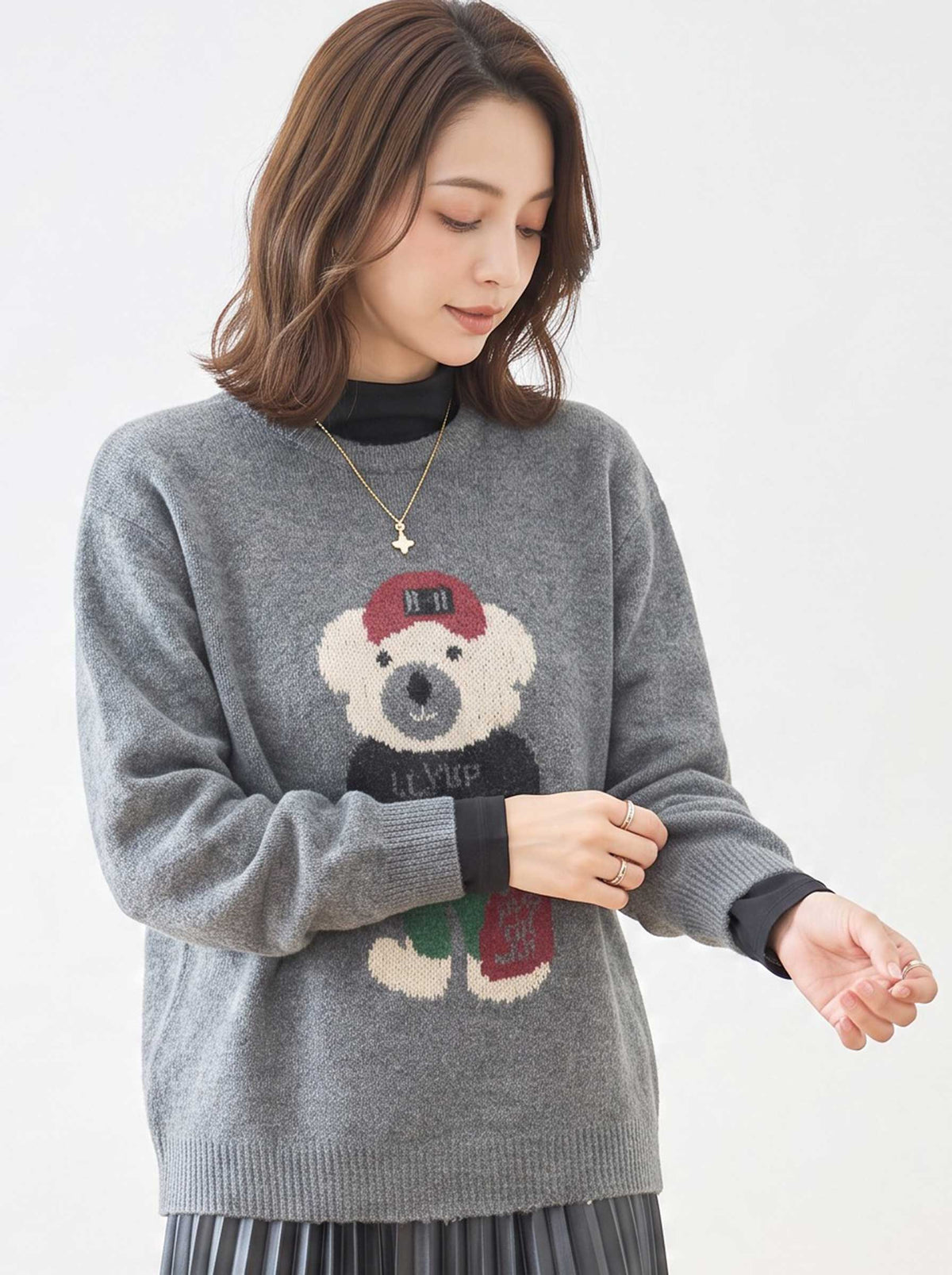 トップス ニット プルオーバー クマモチーフ ゆったり 体型カバー 秋 冬 M L