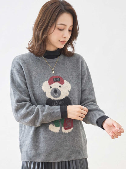 トップス ニット プルオーバー クマモチーフ ゆったり 体型カバー 秋 冬 M L