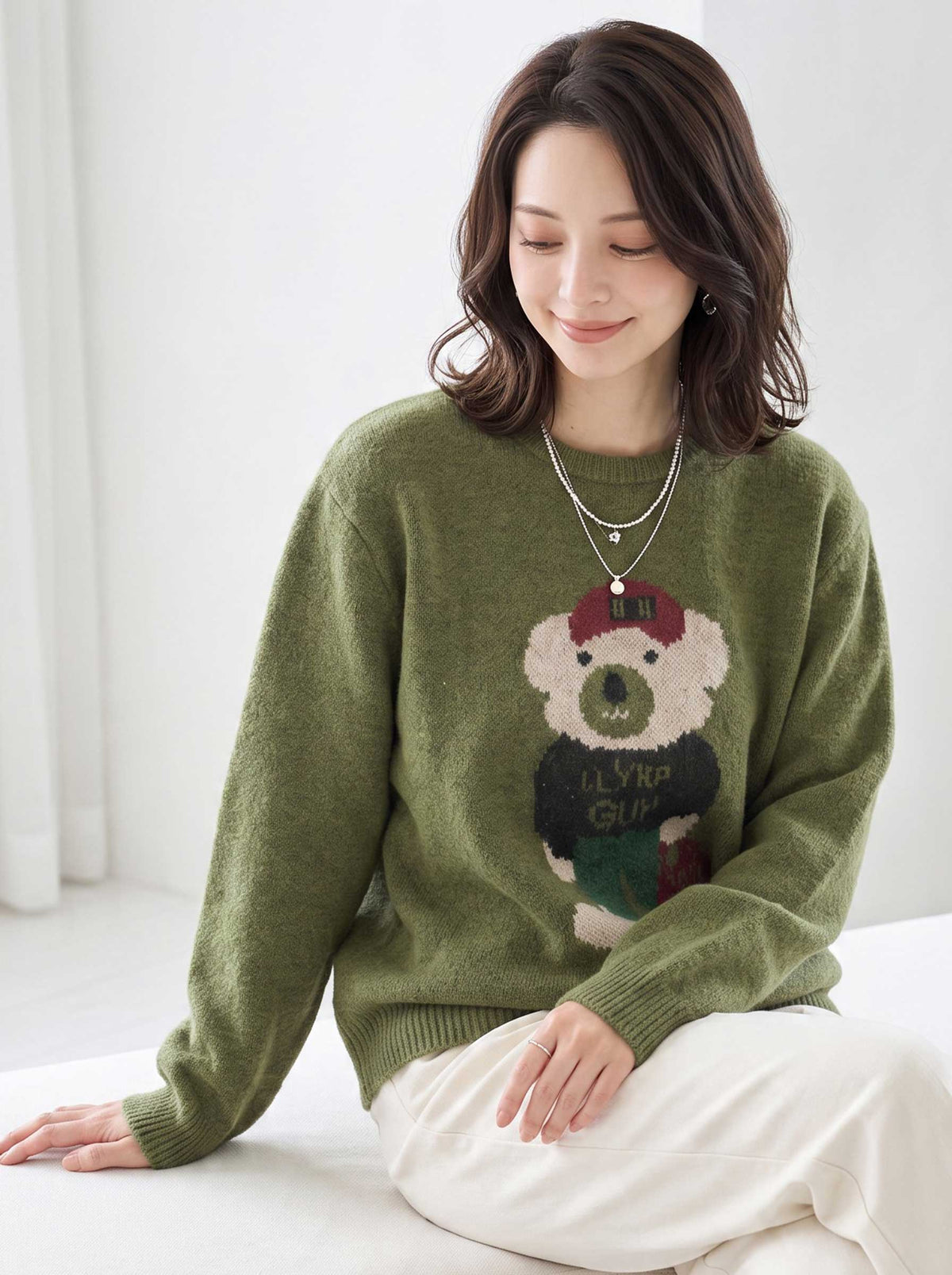 トップス ニット プルオーバー クマモチーフ ゆったり 体型カバー 秋 冬 M L