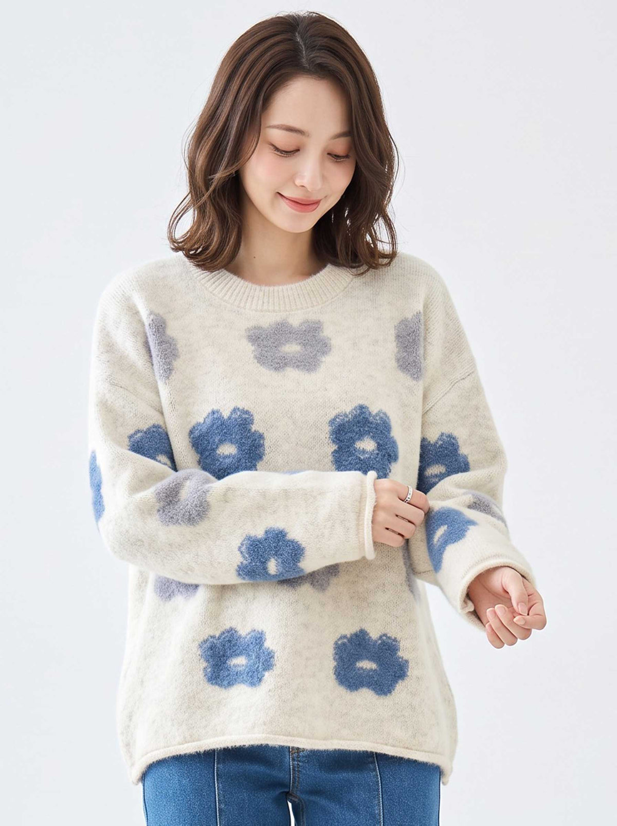 ニット プルオーバー セーター 花柄 ゆったり 体型カバー 秋 冬 M L