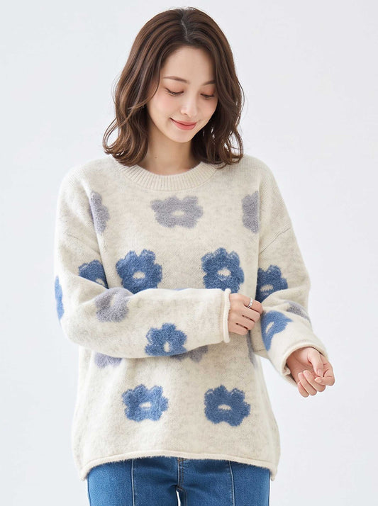 ニット プルオーバー セーター 花柄 ゆったり 体型カバー 秋 冬 M L