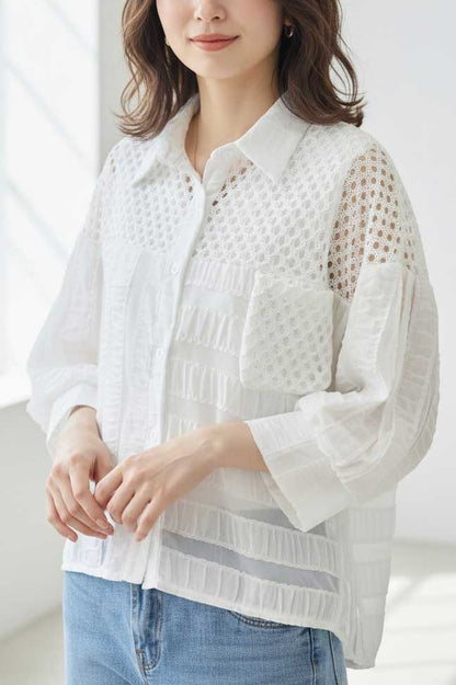 メッシュ レース 切替 シアー シャツ ブラウス 七分袖 異素材 ショート丈 M-L