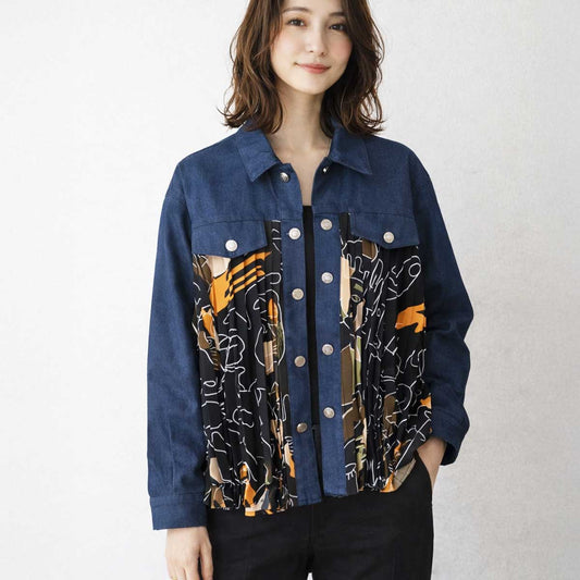 デニム プリーツ 異素材切り替え シャツ ジャケット アート柄 ゆったり 体型カバー