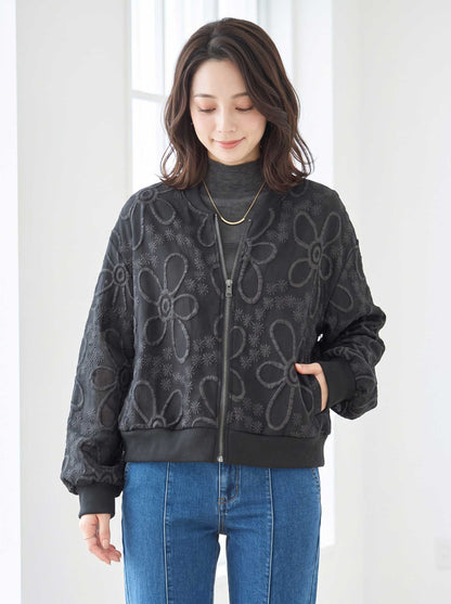 ジャケット ブルゾン ふくれジャガード 花柄 異素材 ギャザー袖 すっきり 秋冬 M L