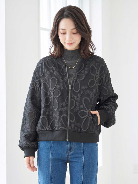 ジャケット ブルゾン ふくれジャガード 花柄 異素材 ギャザー袖 すっきり 秋冬 M L
