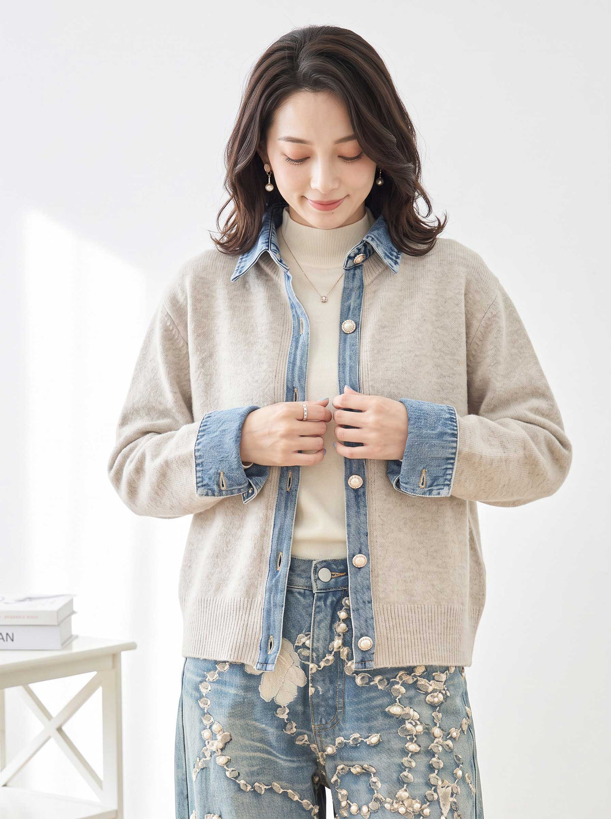 ニット カーディガン デニム切替 異素材 ドッキング レイヤード風 すっきり 秋冬 M L