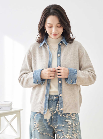 ニット カーディガン デニム切替 異素材 ドッキング レイヤード風 すっきり 秋冬 M L