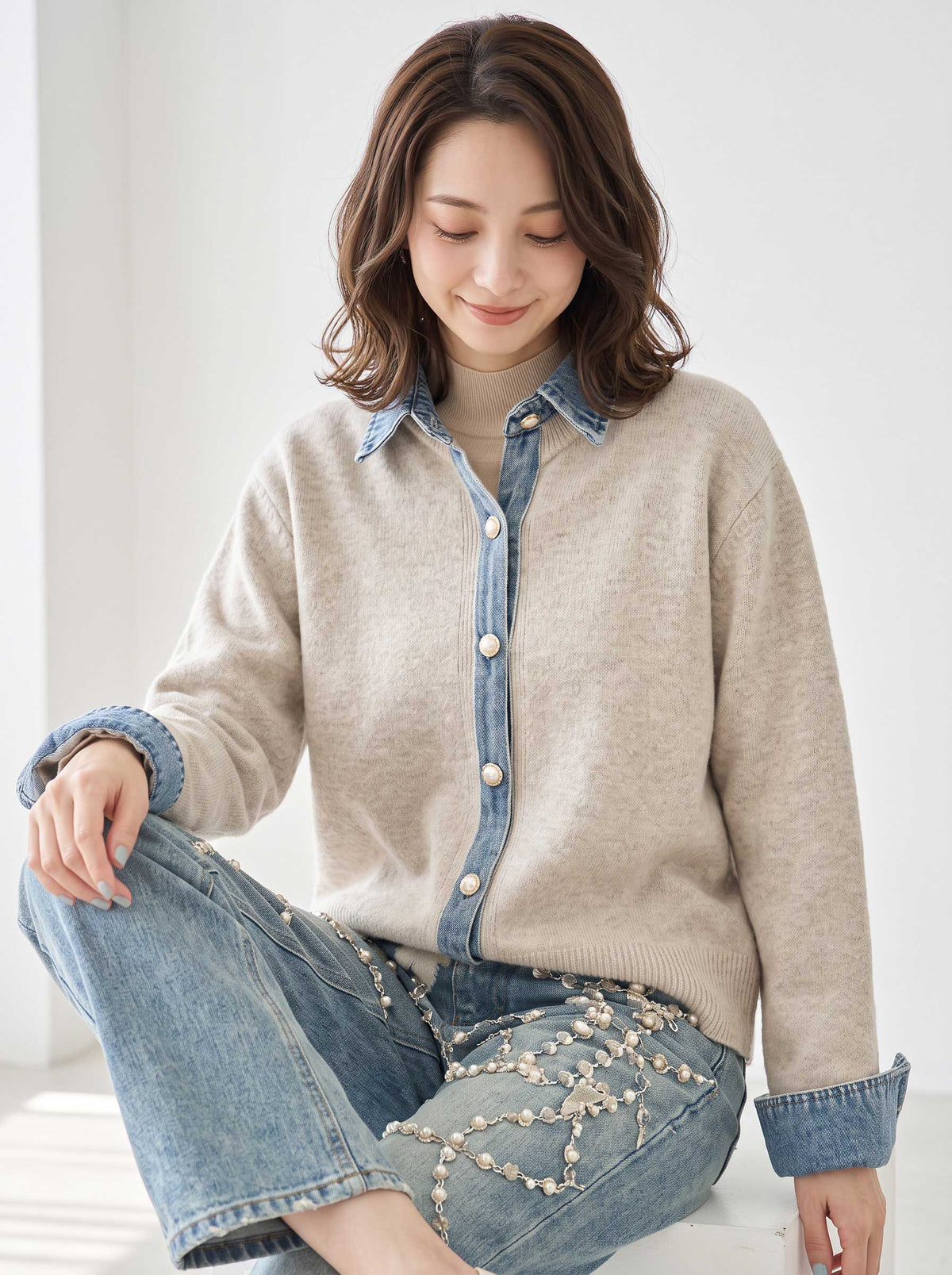 ニット カーディガン デニム切替 異素材 ドッキング レイヤード風 すっきり 秋冬 M L