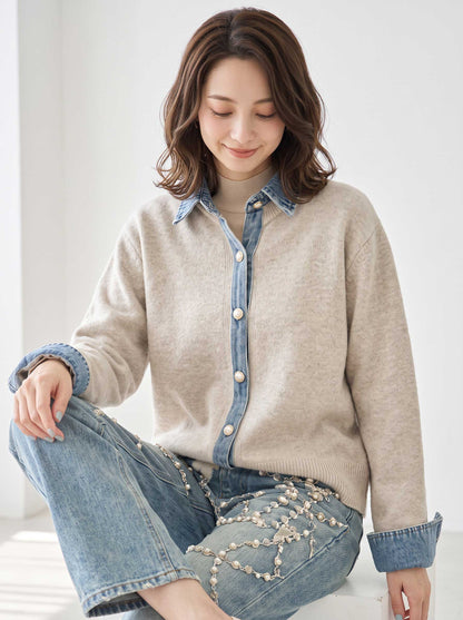 ニット カーディガン デニム切替 異素材 ドッキング レイヤード風 すっきり 秋冬 M L