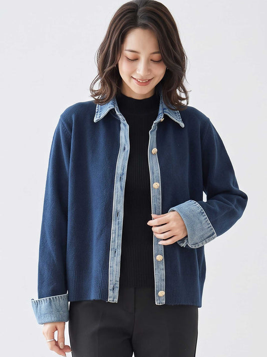 ニット カーディガン デニム切替 異素材 ドッキング レイヤード風 すっきり 秋冬 M L