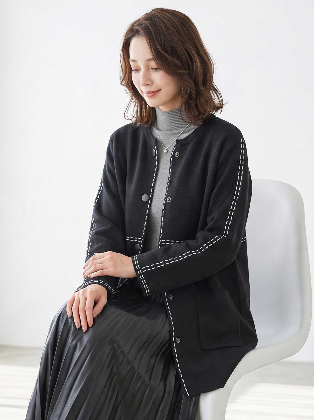 アウター ニット ライトコート カーディガン ハンドステッチ風 ノーカラー ゆったり 体型カバー 秋 冬 M L