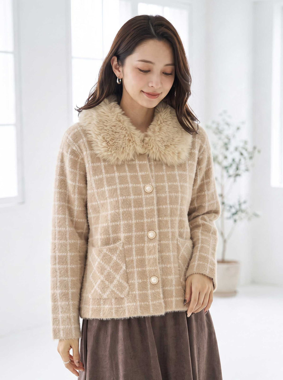 アウター ジャケット カーディガン チェック柄 ファー コンパクト きれいめ 秋 冬 M L