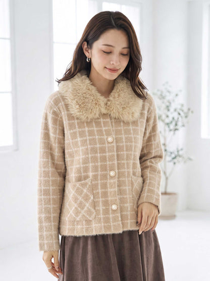 アウター ジャケット カーディガン チェック柄 ファー コンパクト きれいめ 秋 冬 M L