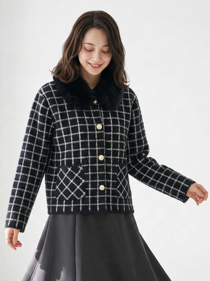 アウター ジャケット カーディガン チェック柄 ファー コンパクト きれいめ 秋 冬 M L