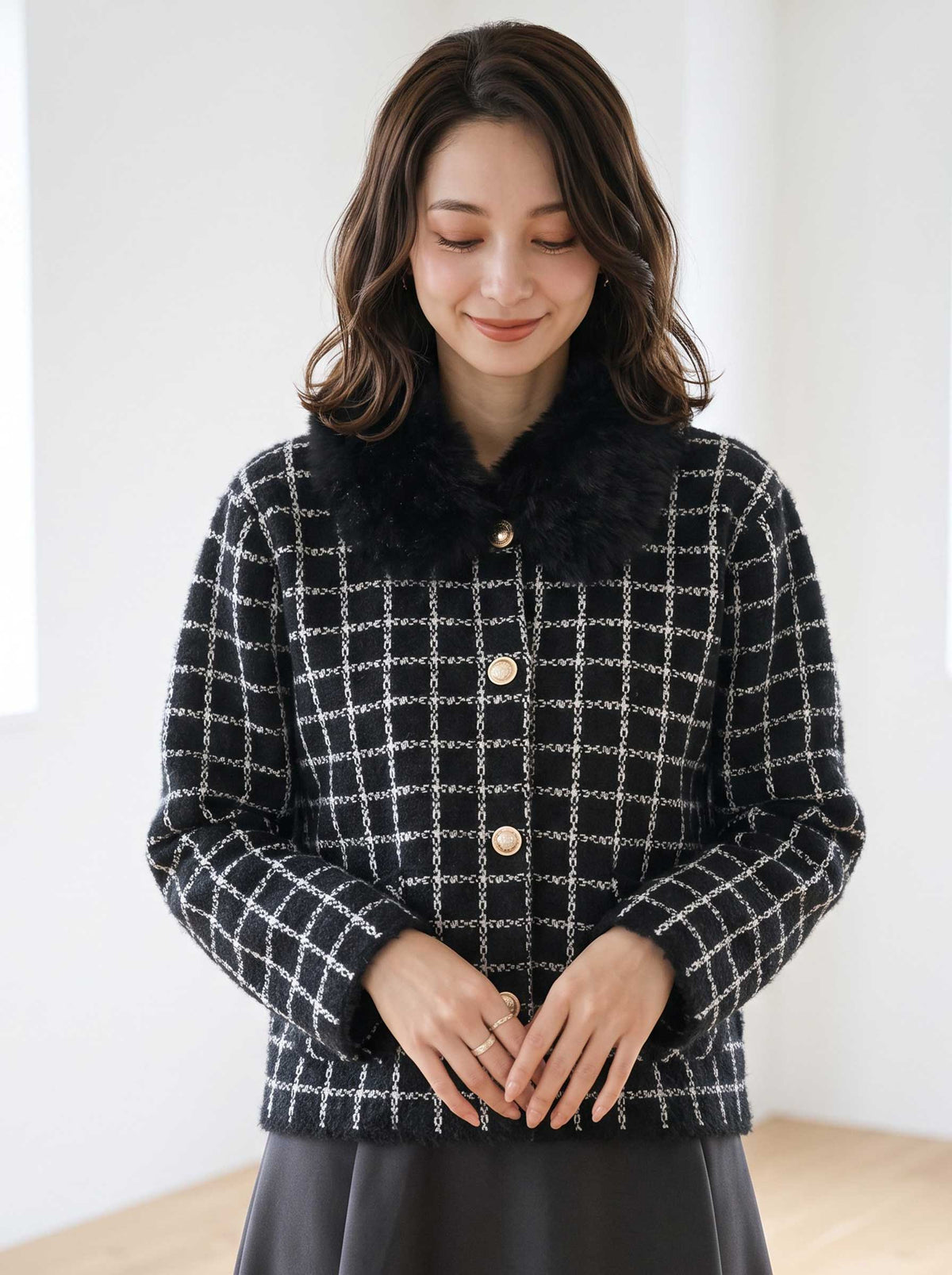 アウター ジャケット カーディガン チェック柄 ファー コンパクト きれいめ 秋 冬 M L