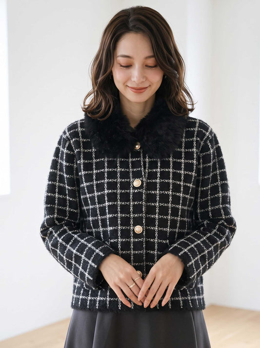 アウター ジャケット カーディガン チェック柄 ファー コンパクト きれいめ 秋 冬 M L