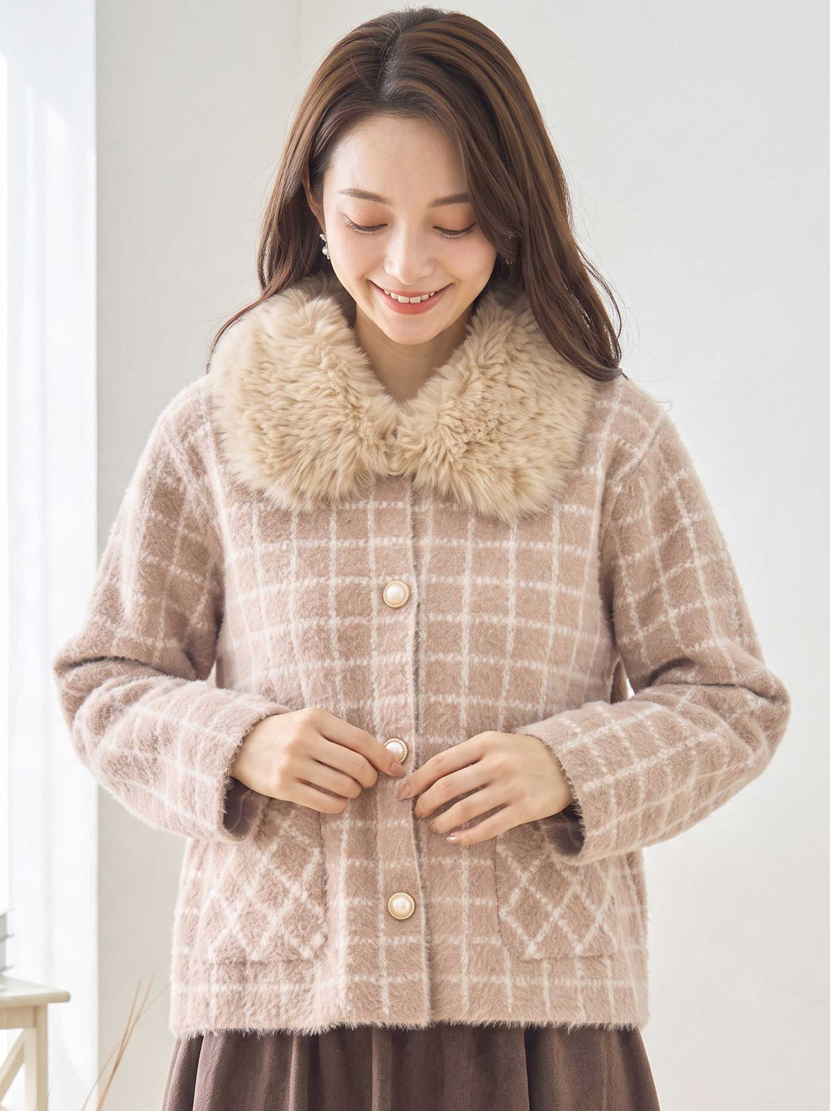 アウター ジャケット カーディガン チェック柄 ファー コンパクト きれいめ 秋 冬 M L