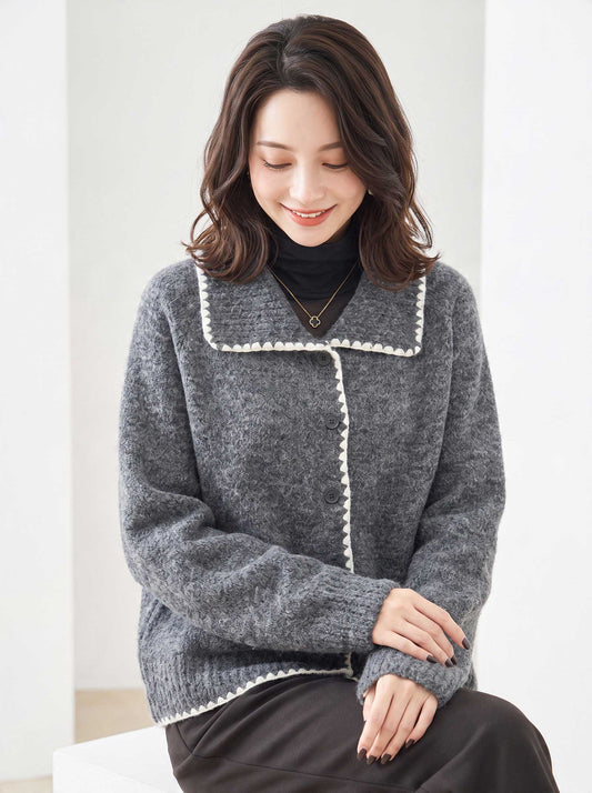 アウター ニット カーディガン 襟付き 配色 ゆったり 体型カバー 秋 冬 M L