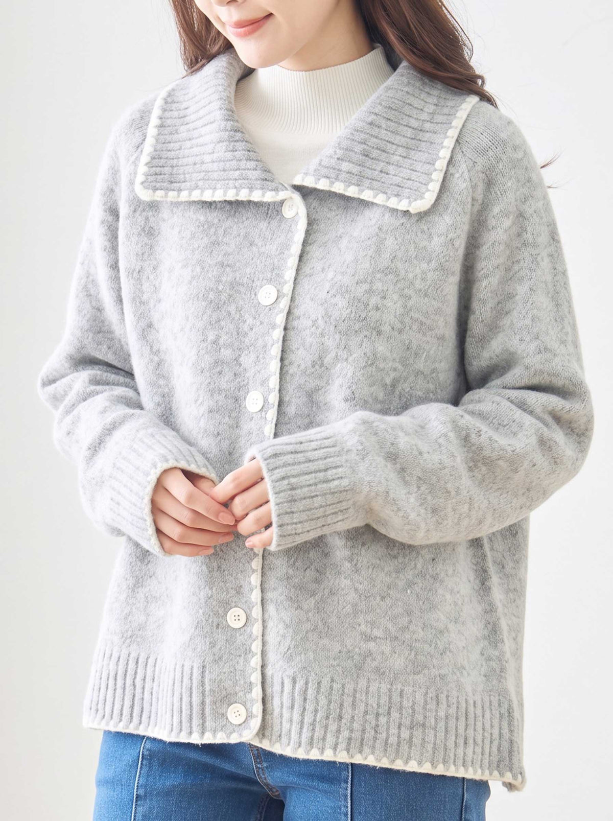 アウター ニット カーディガン 襟付き 配色 ゆったり 体型カバー 秋 冬 M L