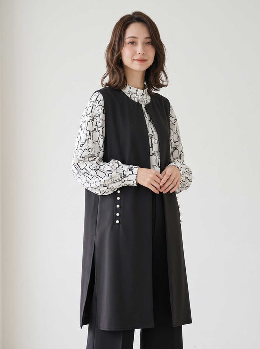 ベスト ジレ ポイントパール ロングジレ 羽織り ゆったり 体型カバー 秋 L LL