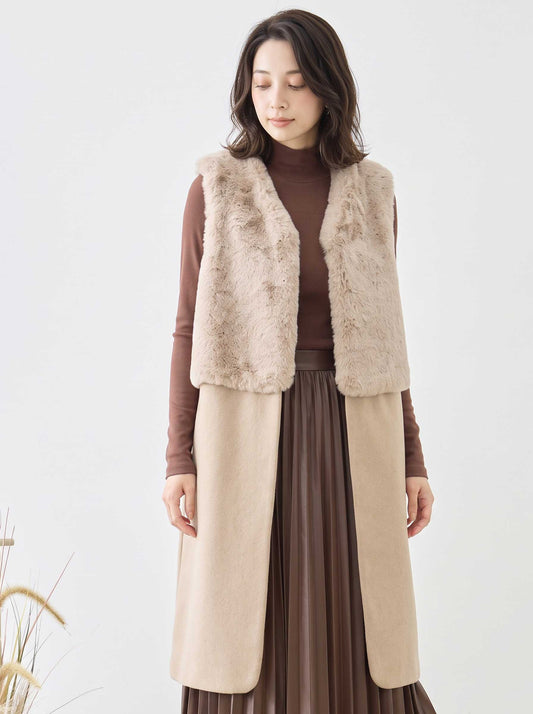 ベスト ロング ジレ アウター ファー 異素材 切替 ゆったり 体型カバー 秋 冬 M L
