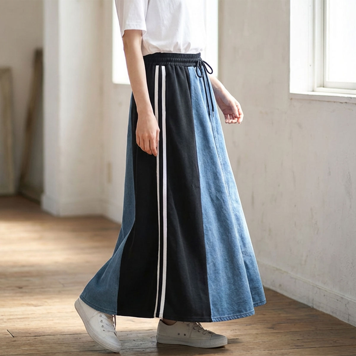 デニム 切替スカート サイドライン フレア ロング丈 ウエストゴム スポーティー カジュアル