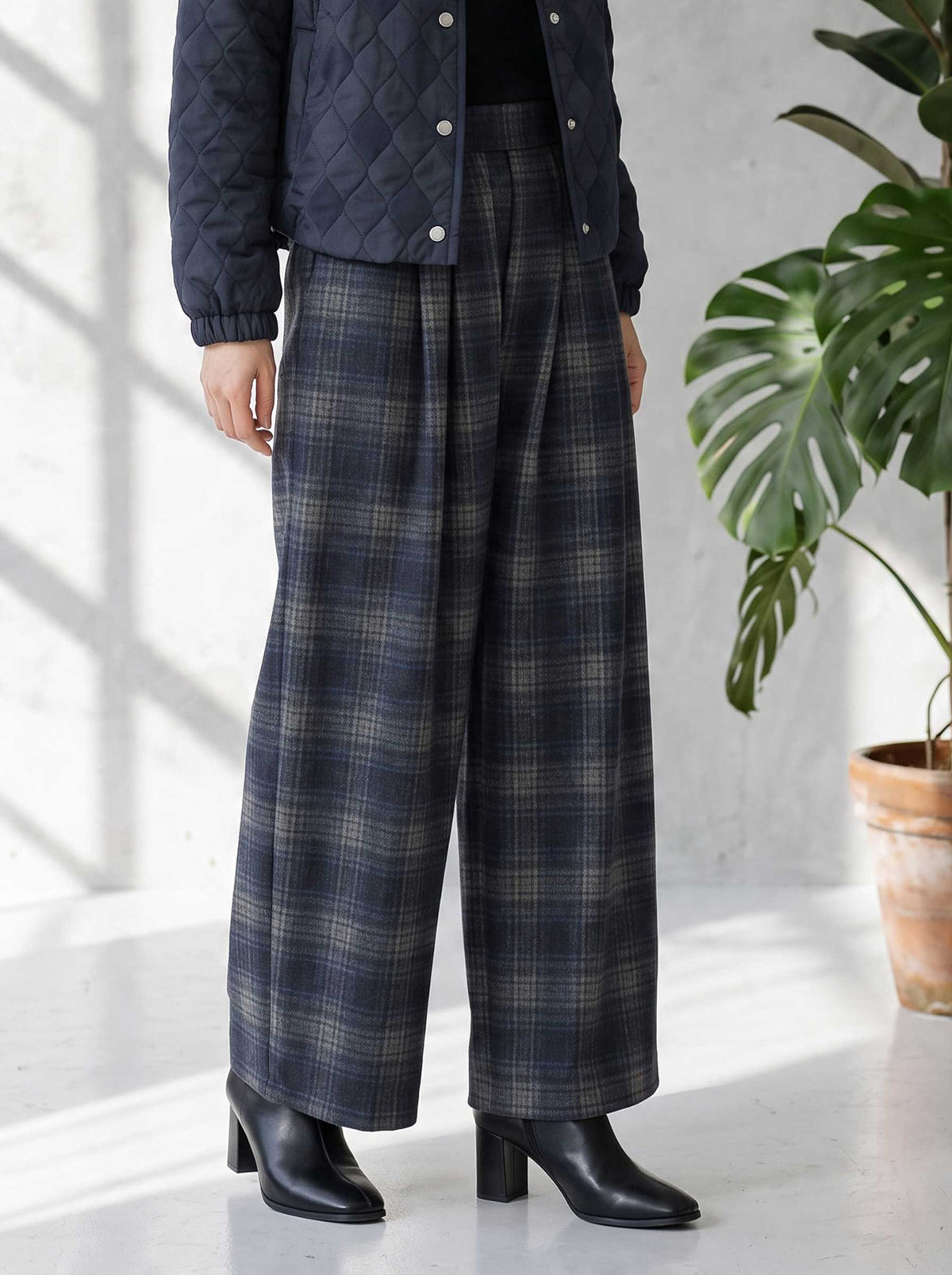 パンツ ワイド ワイドパンツ 柄物 ウエストゴム ゆったり 体型カバー 秋 冬 M L