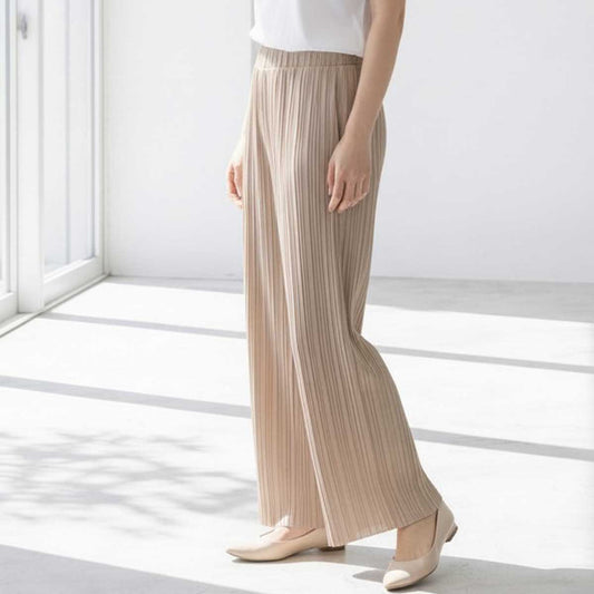 プリーツ ワイドパンツ イージーパンツ ウエストゴム ロング丈 きれいめ 脚長効果