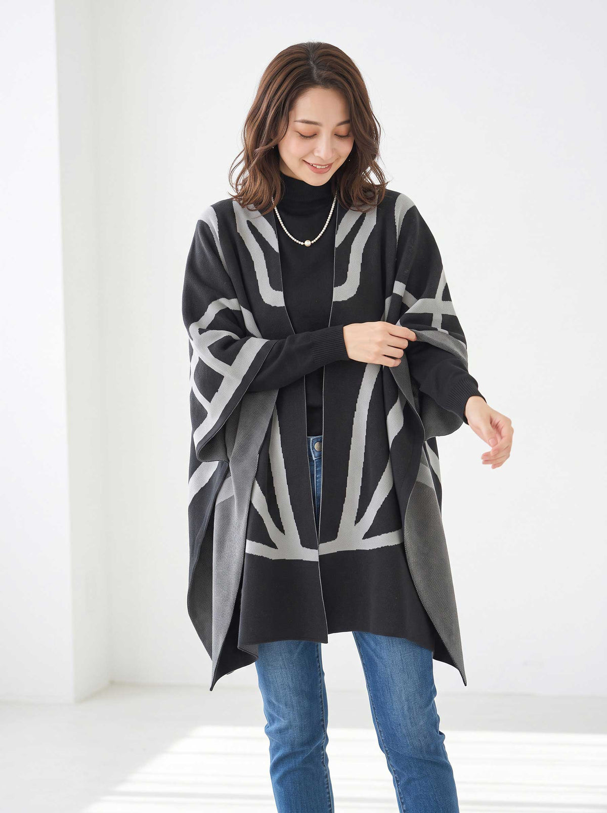 【M〜L】ニットショール×ハイネックニット×ワイドパンツの3点セット｜体型カバー・上品ニットアップ・TRUBE・N62-033