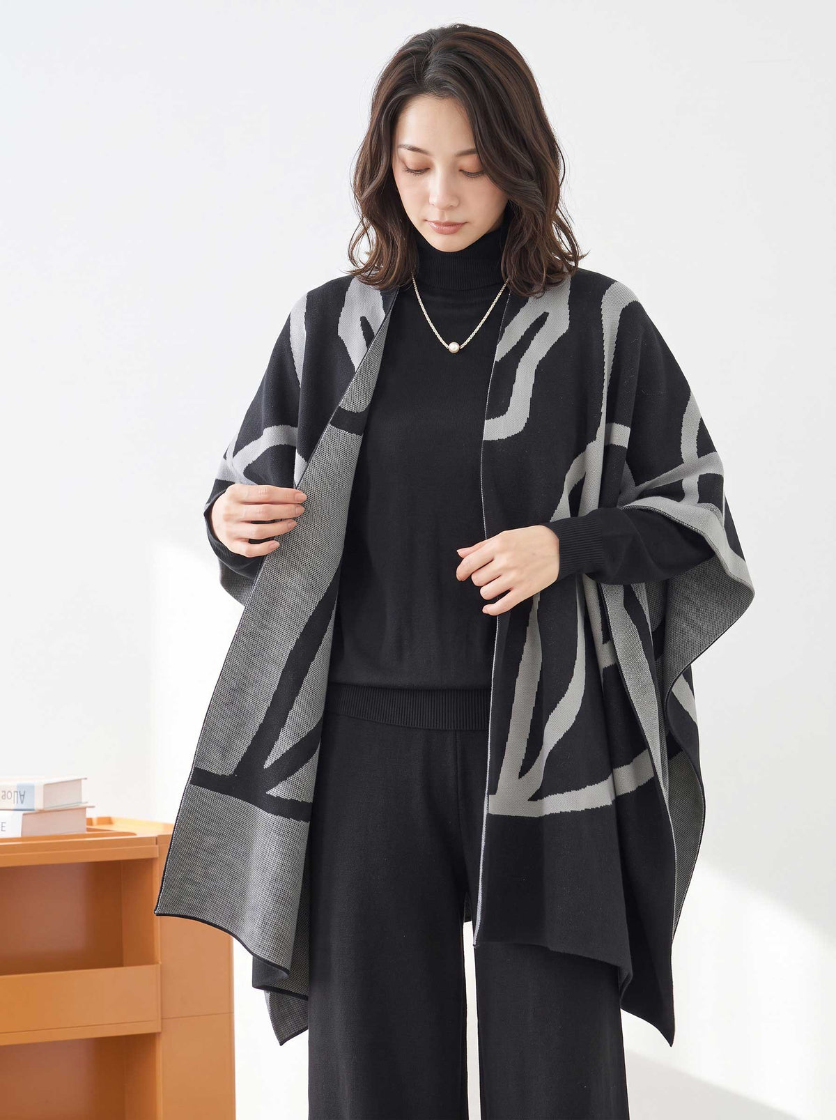 【M〜L】ニットショール×ハイネックニット×ワイドパンツの3点セット｜体型カバー・上品ニットアップ・TRUBE・N62-033