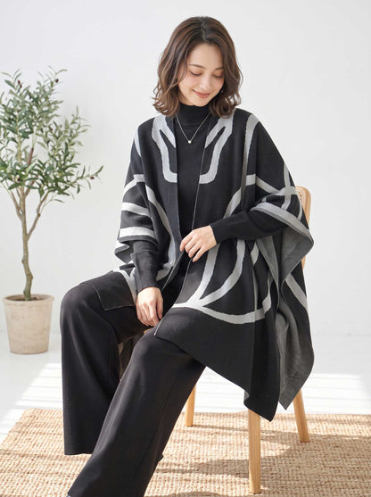 【M〜L】ニットショール×ハイネックニット×ワイドパンツの3点セット｜体型カバー・上品ニットアップ・TRUBE・N62-033