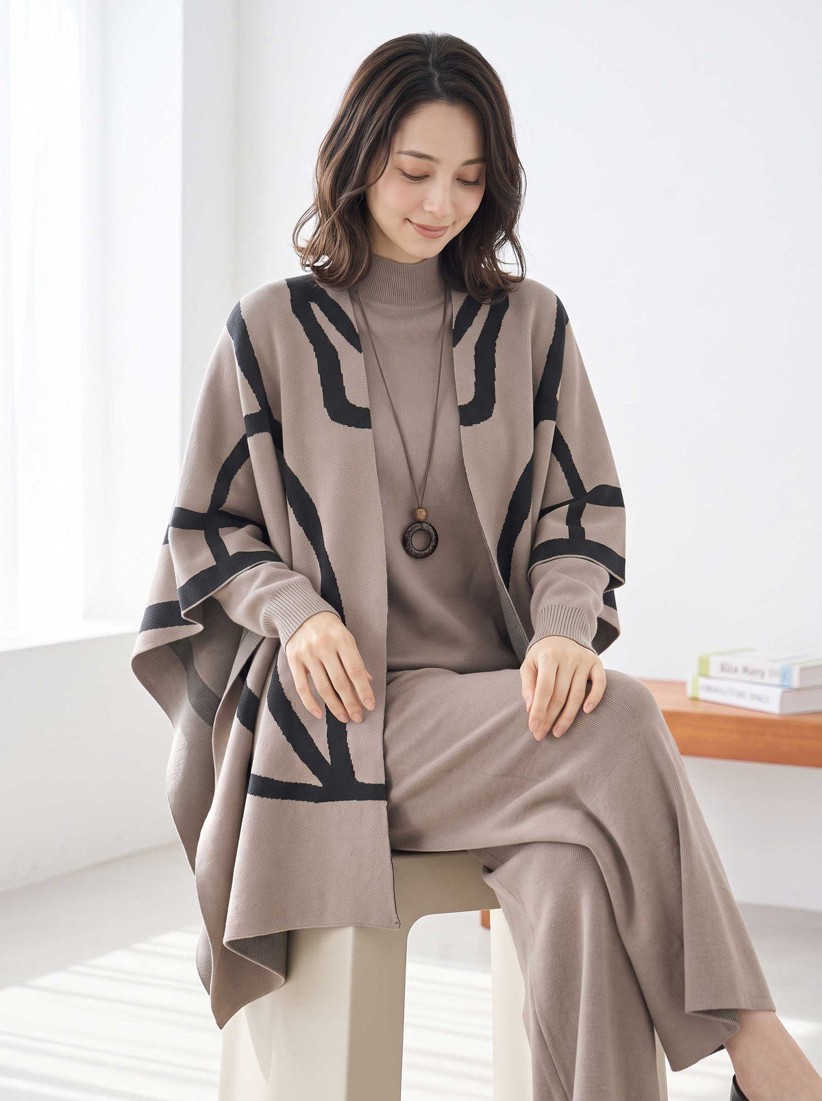 【M〜L】ニットショール×ハイネックニット×ワイドパンツの3点セット｜体型カバー・上品ニットアップ・TRUBE・N62-033